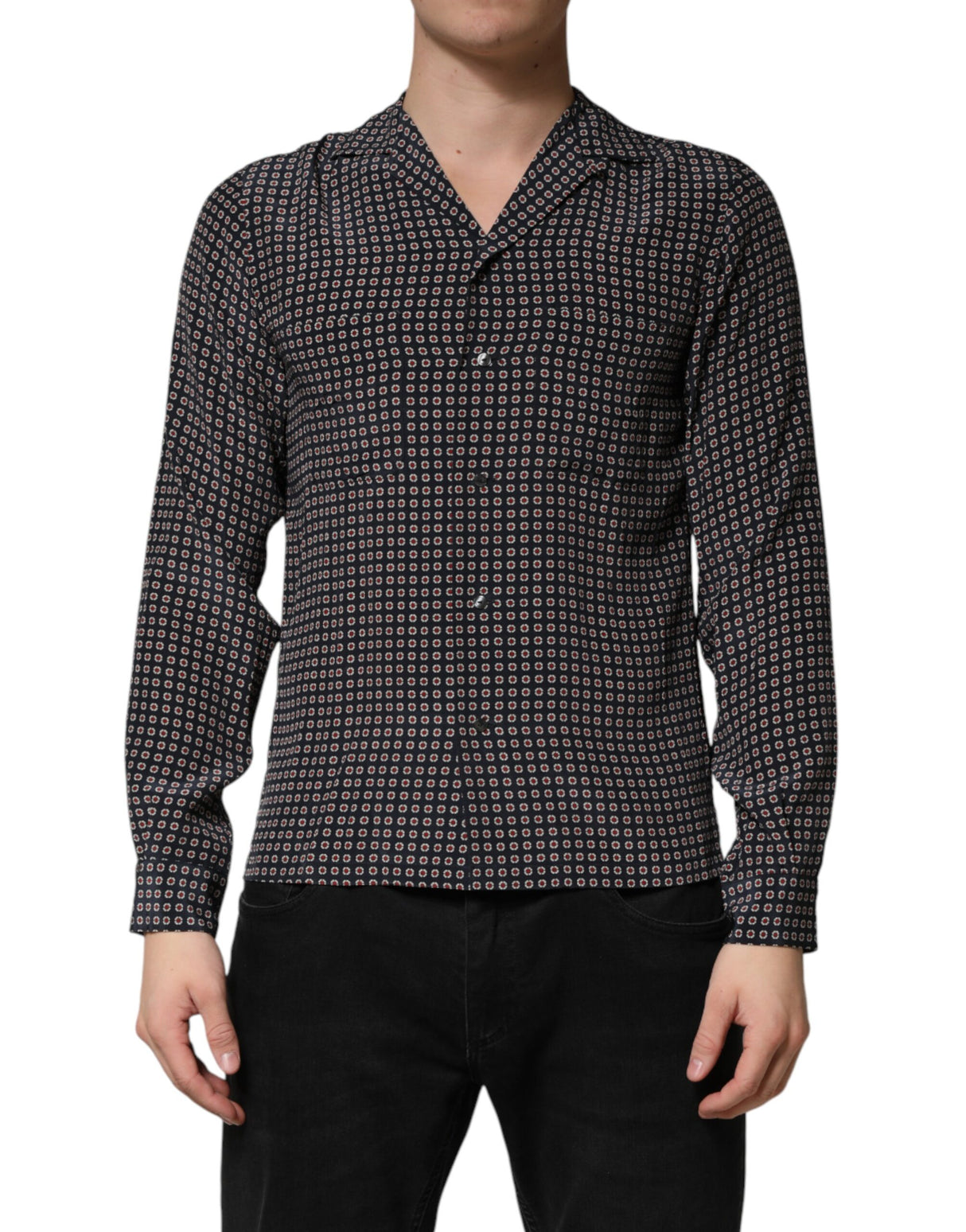 Dolce & Gabbana Black Patterned Silk Men Button Down Shirt