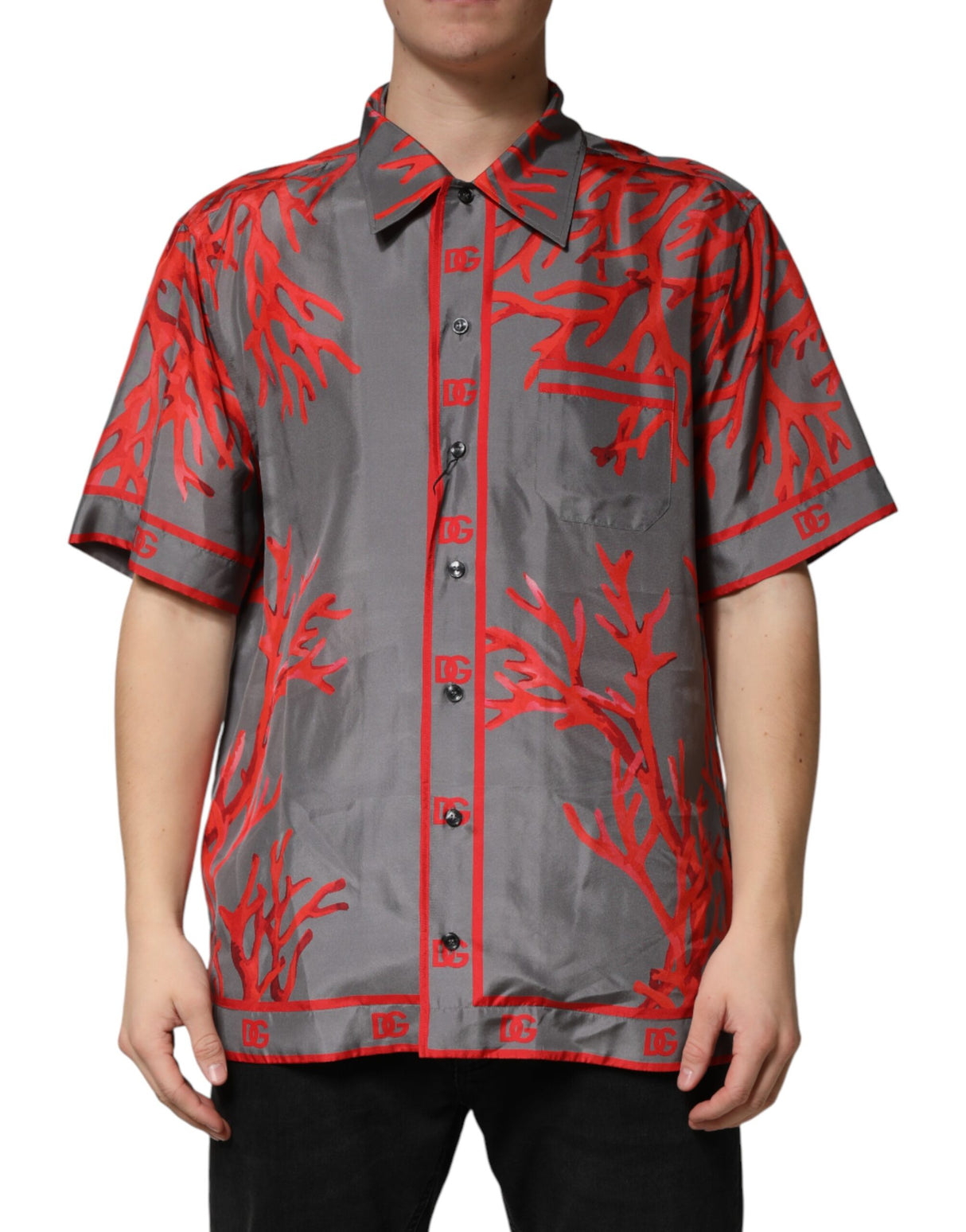 Dolce & Gabbana Gray Red Corals Short Sleeves Casual Shirt