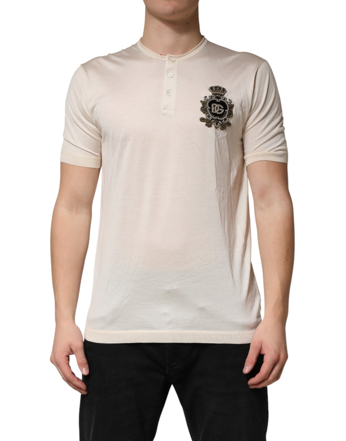 Dolce & Gabbana Off White Silk Logo Patch Men Henley T-shirt