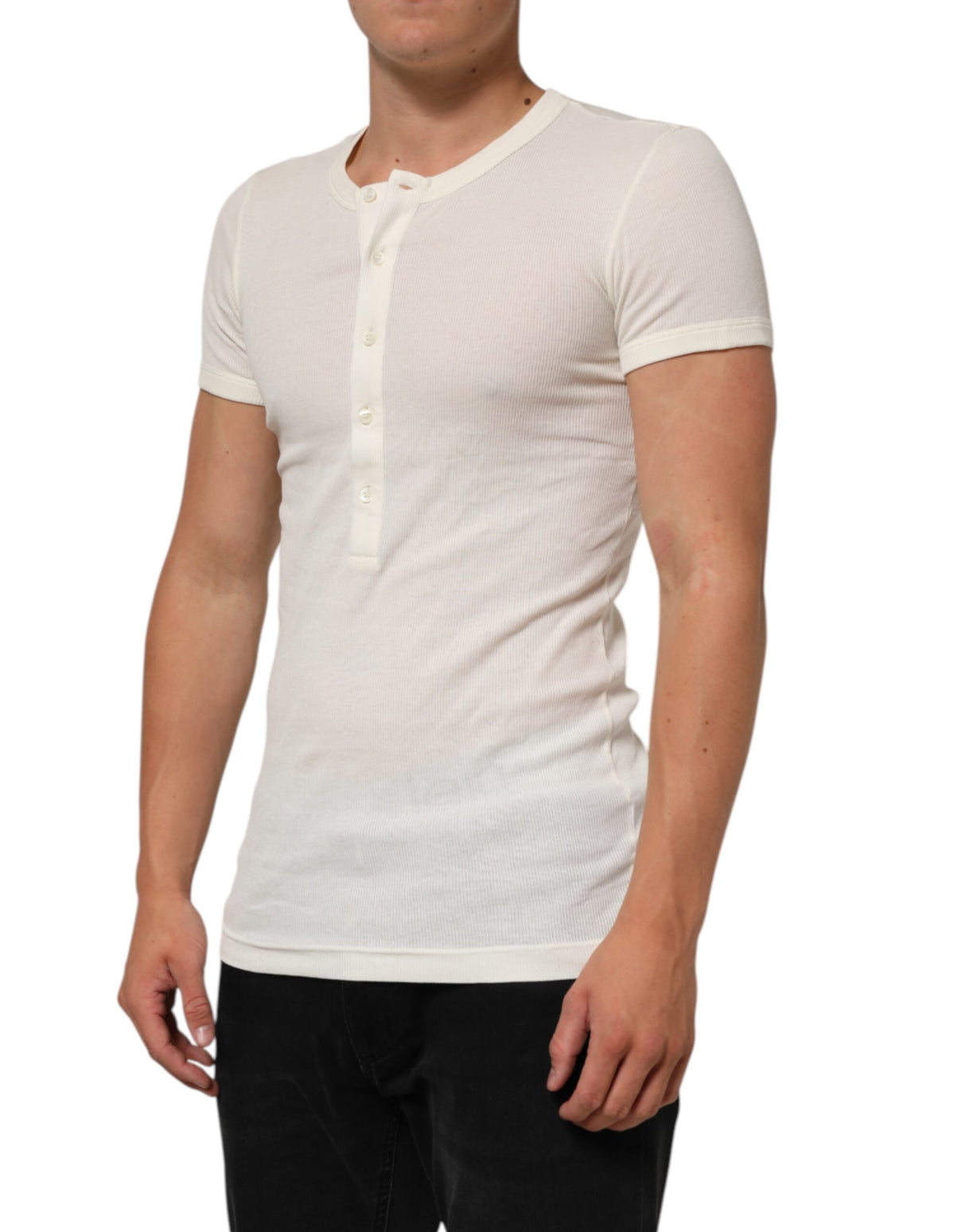 Dolce & Gabbana Off White Cotton Short Sleeve Henley T-shirt