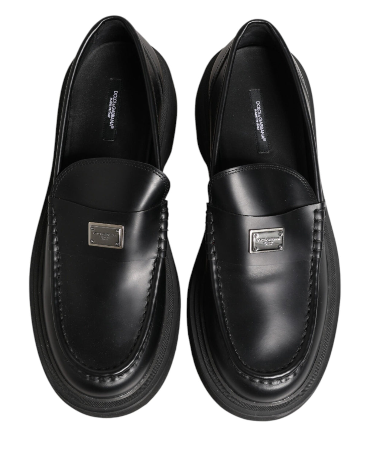 Dolce & Gabbana Black Leather DG Plaque Loafers Dress Shoes
