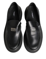 Dolce & Gabbana Black Leather DG Plaque Loafers Dress Shoes