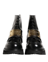 Dolce & Gabbana Black Leather DG Plaque Lace Up Boots Shoes