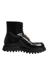 Dolce & Gabbana Black Leather DG Plaque Lace Up Boots Shoes