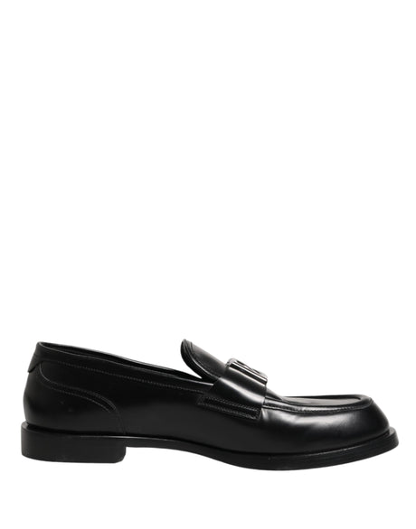 Dolce & Gabbana Black Leather DG Plaque Loafers Dress Shoes