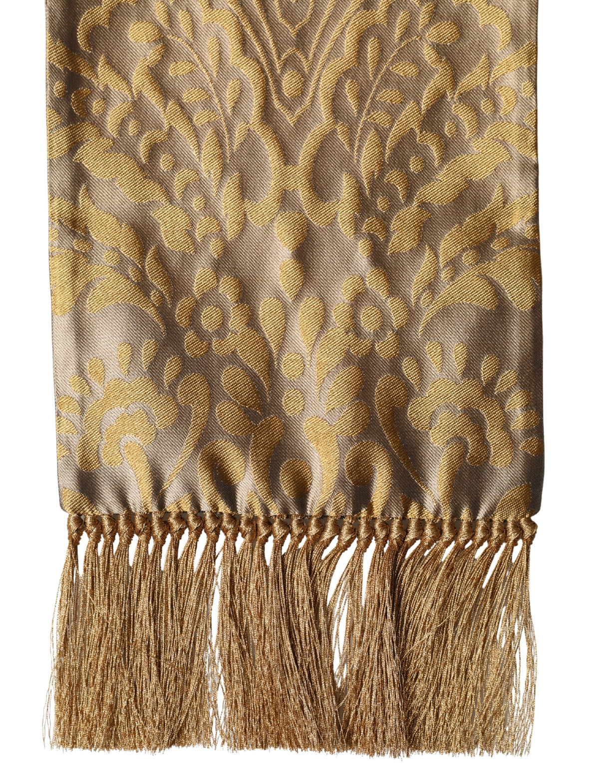 Dolce & Gabbana Gold Baroque Pattern Silk Blend Fringed 140cm X 15cm Scarf