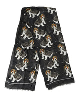 Dolce & Gabbana Black Modal Wool Dog Print Fringed 178cm x 64cm Scarf