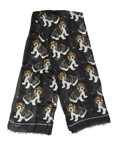 Dolce & Gabbana Black Modal Wool Dog Print Fringed 178cm x 64cm Scarf