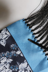 Dolce & Gabbana Black Blue Silk Floral Pattern Fringe 140cm x 16cm  Scarf
