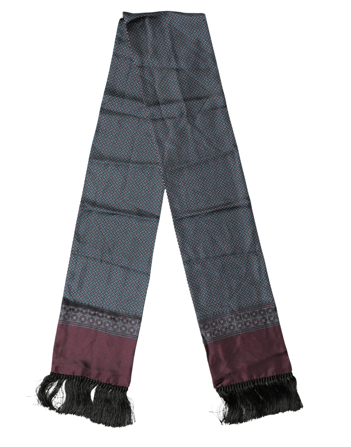 Dolce & Gabbana Bordeaux Silk Fringe Geometric Neck Wrap 142cm X 15cm  Scarf