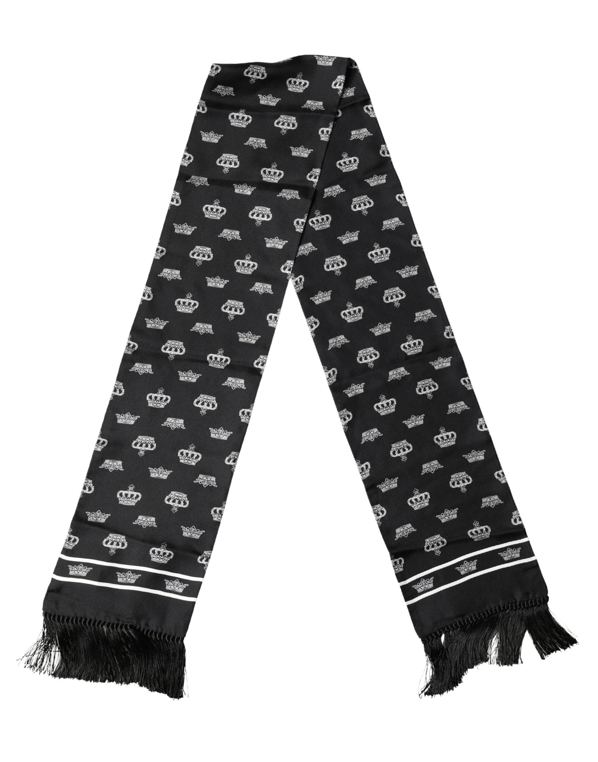 Dolce & Gabbana Black Silk Crown Fringes Neck Wrap Shawl 136cm X 15cm Scarf