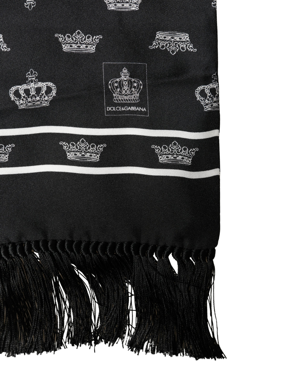 Dolce & Gabbana Black Silk Crown Fringes Neck Wrap Shawl 136cm X 15cm Scarf