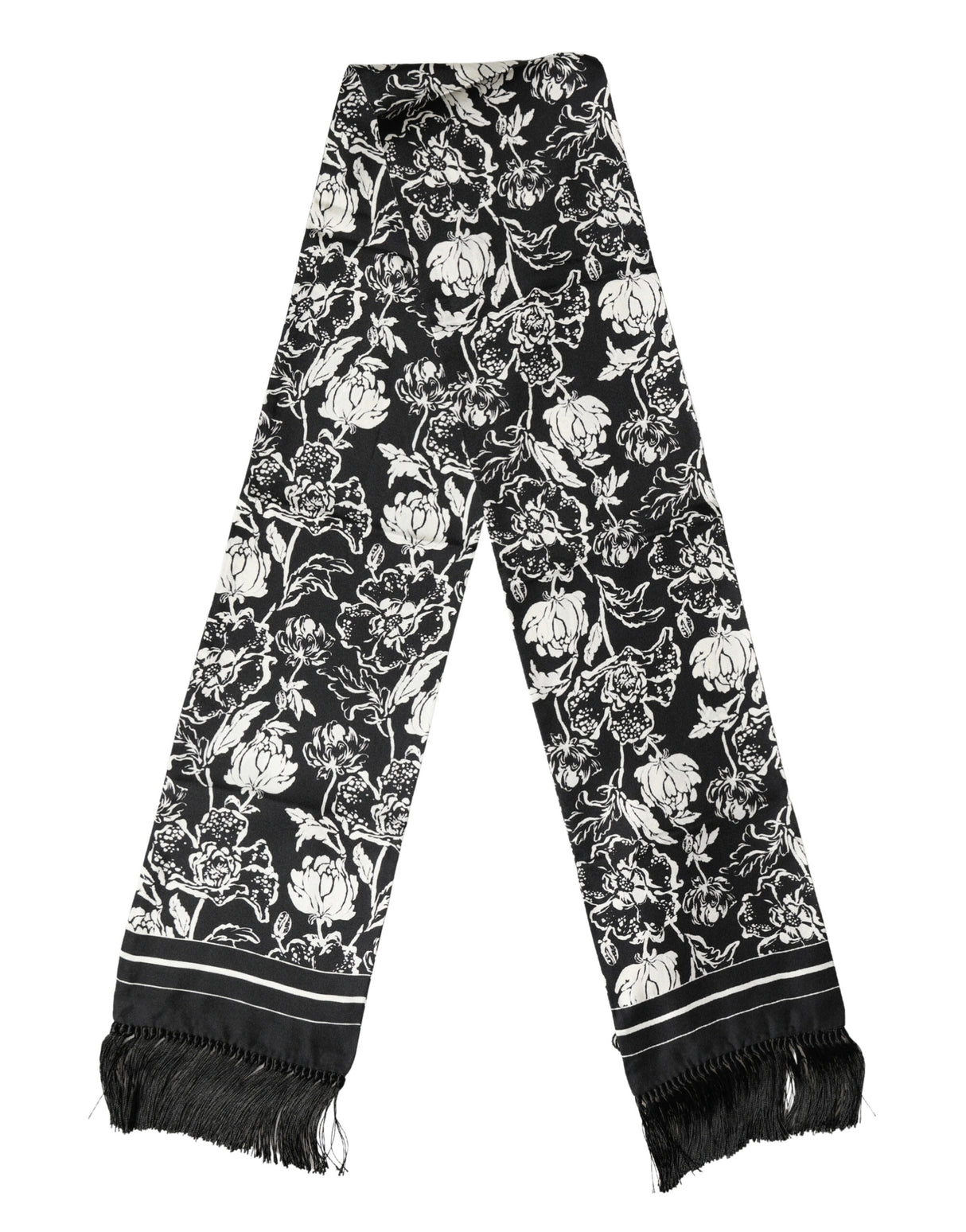 Dolce & Gabbana Black White Silk Floral Print Fringe 136cm X 15.5cm  Scarf