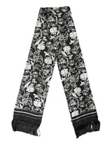 Dolce & Gabbana Black White Silk Floral Print Fringe 136cm X 15.5cm  Scarf