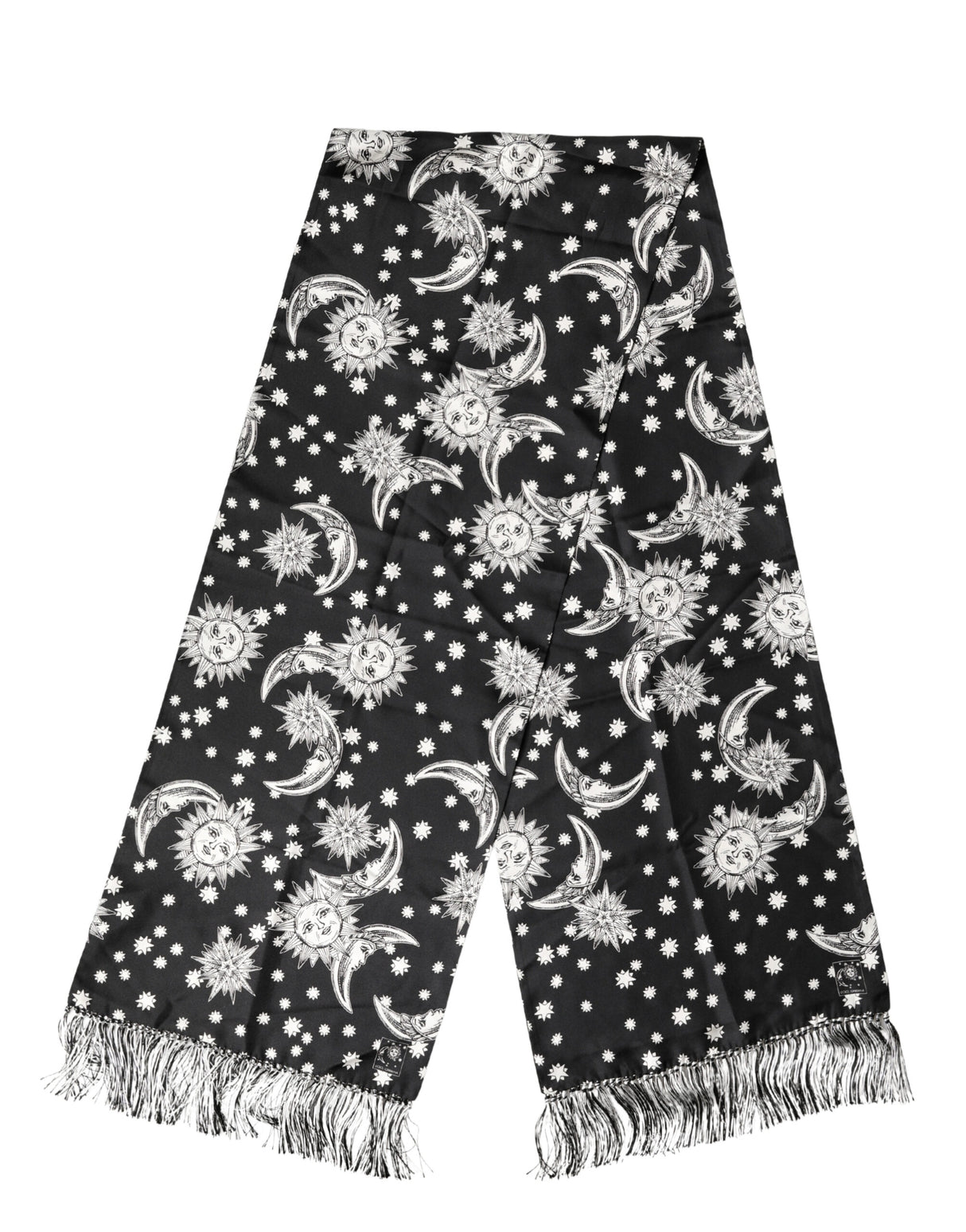 Dolce & Gabbana Black Silk Sun Moon Star Fringe Foulard 178cm X 33cm Scarf