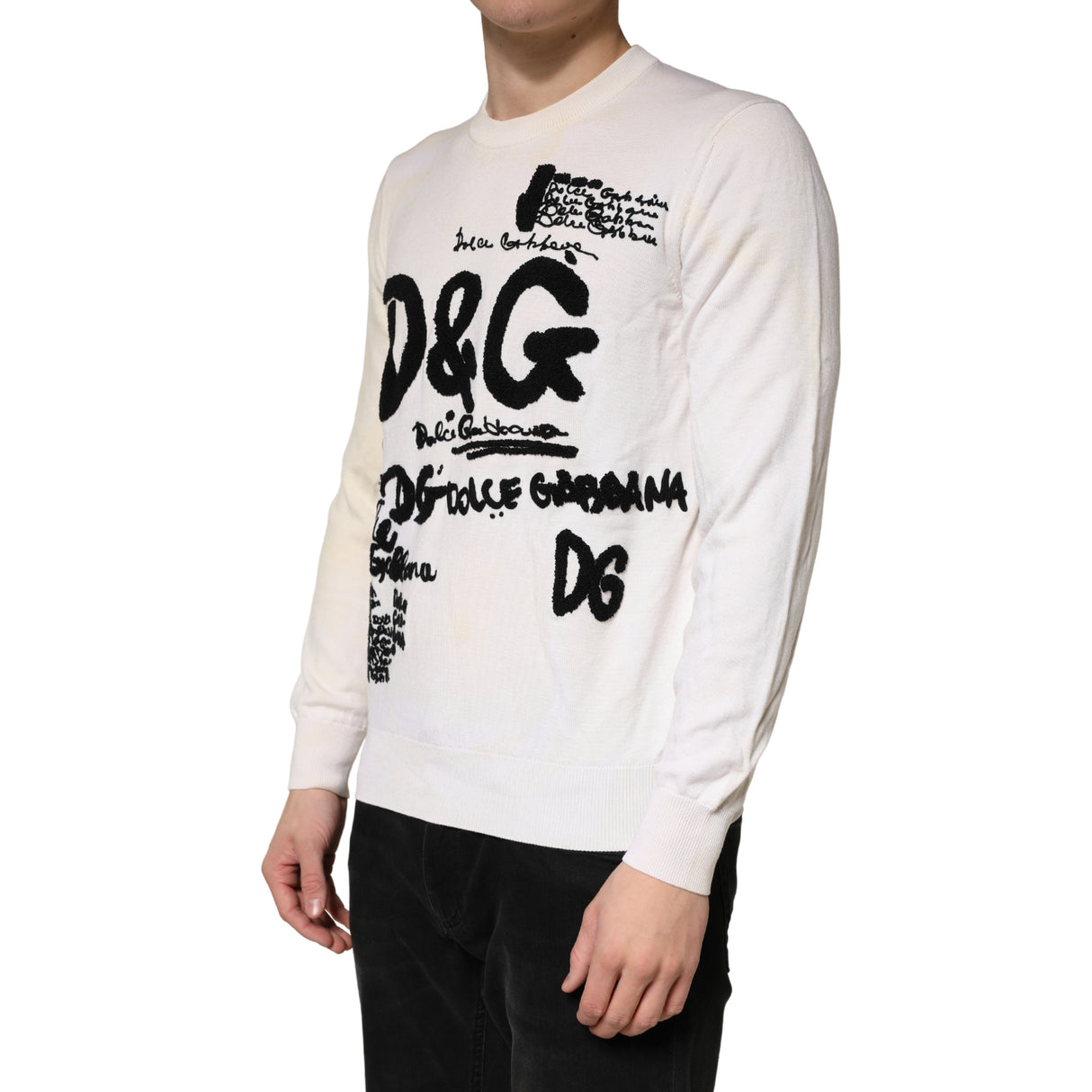 Dolce & Gabbana White Virgin Wool Graphic Logo Crewneck Sweater