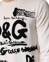 Dolce & Gabbana White Virgin Wool Graphic Logo Crewneck Sweater