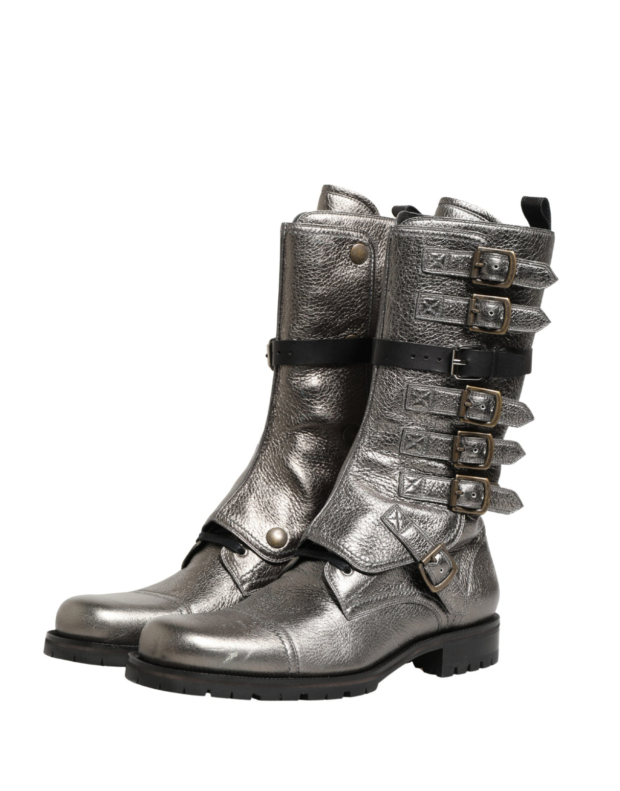 Dolce & Gabbana Metallic Leather Buckle Combat Boots Shoes