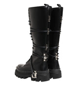 Dolce & Gabbana Black Leather Knee High Combat Boots Shoes