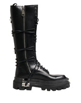 Dolce & Gabbana Black Leather Knee High Combat Boots Shoes