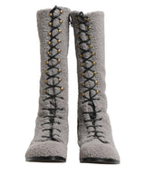 Dolce & Gabbana Gray Shearling Lace Up Knee High Boots Shoes