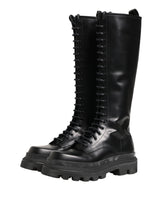 Dolce & Gabbana Black Leather Knee High Lace Up Boots Shoes