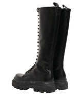 Dolce & Gabbana Black Leather Knee High Lace Up Boots Shoes