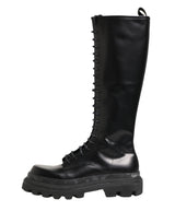 Dolce & Gabbana Black Leather Knee High Lace Up Boots Shoes