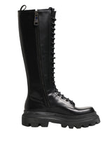 Dolce & Gabbana Black Leather Knee High Lace Up Boots Shoes