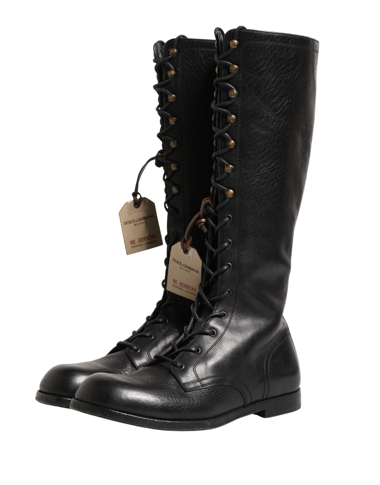 Dolce & Gabbana Re-Edition Black Leather Lace Up Boots Shoes