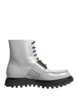 Dolce & Gabbana Gray Leather Logo Plaque Ankle Boots Shoes