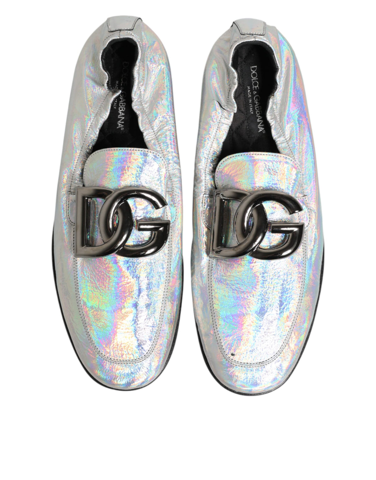 Dolce & Gabbana Silver DG Logo Holographic Leather Loafers Shoes