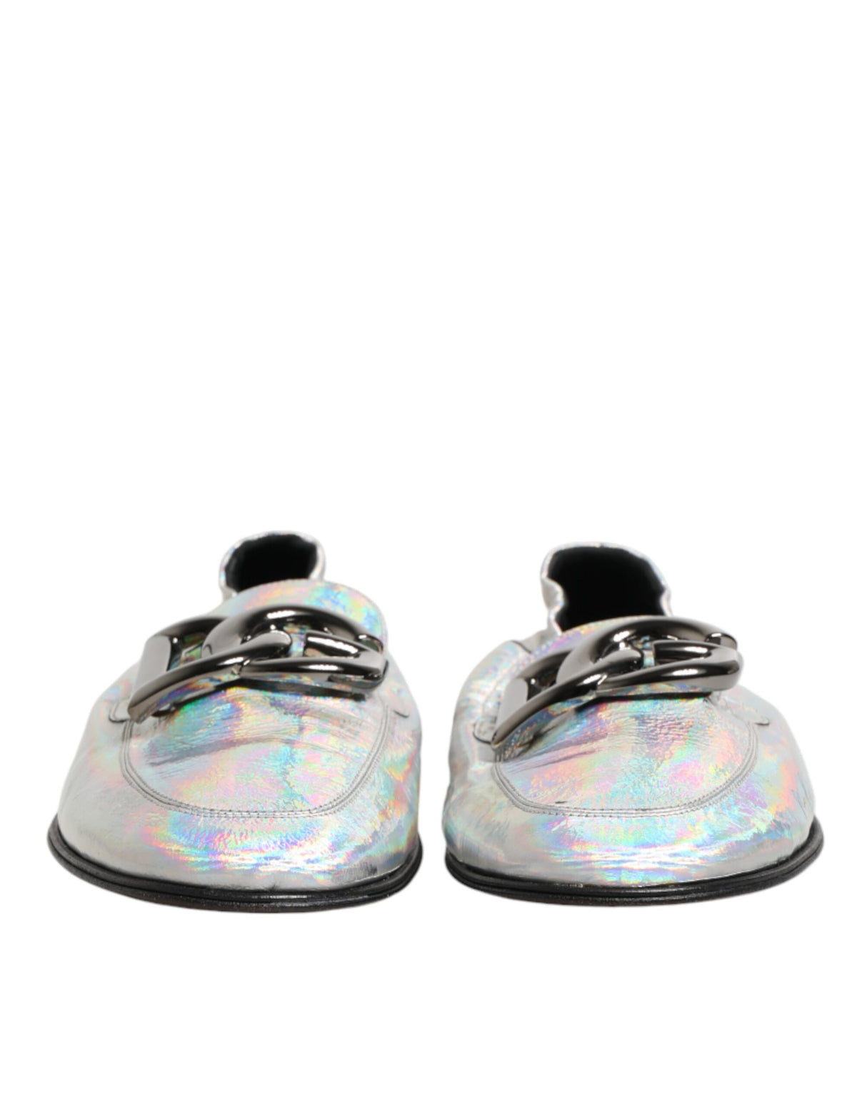 Dolce & Gabbana Silver DG Logo Holographic Leather Loafers Shoes