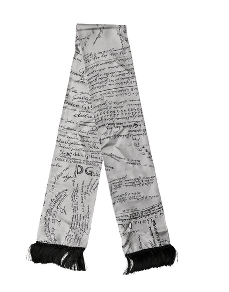 Dolce & Gabbana Scarf White Silk Script Logo Print Fringe 150cm x15cm Men