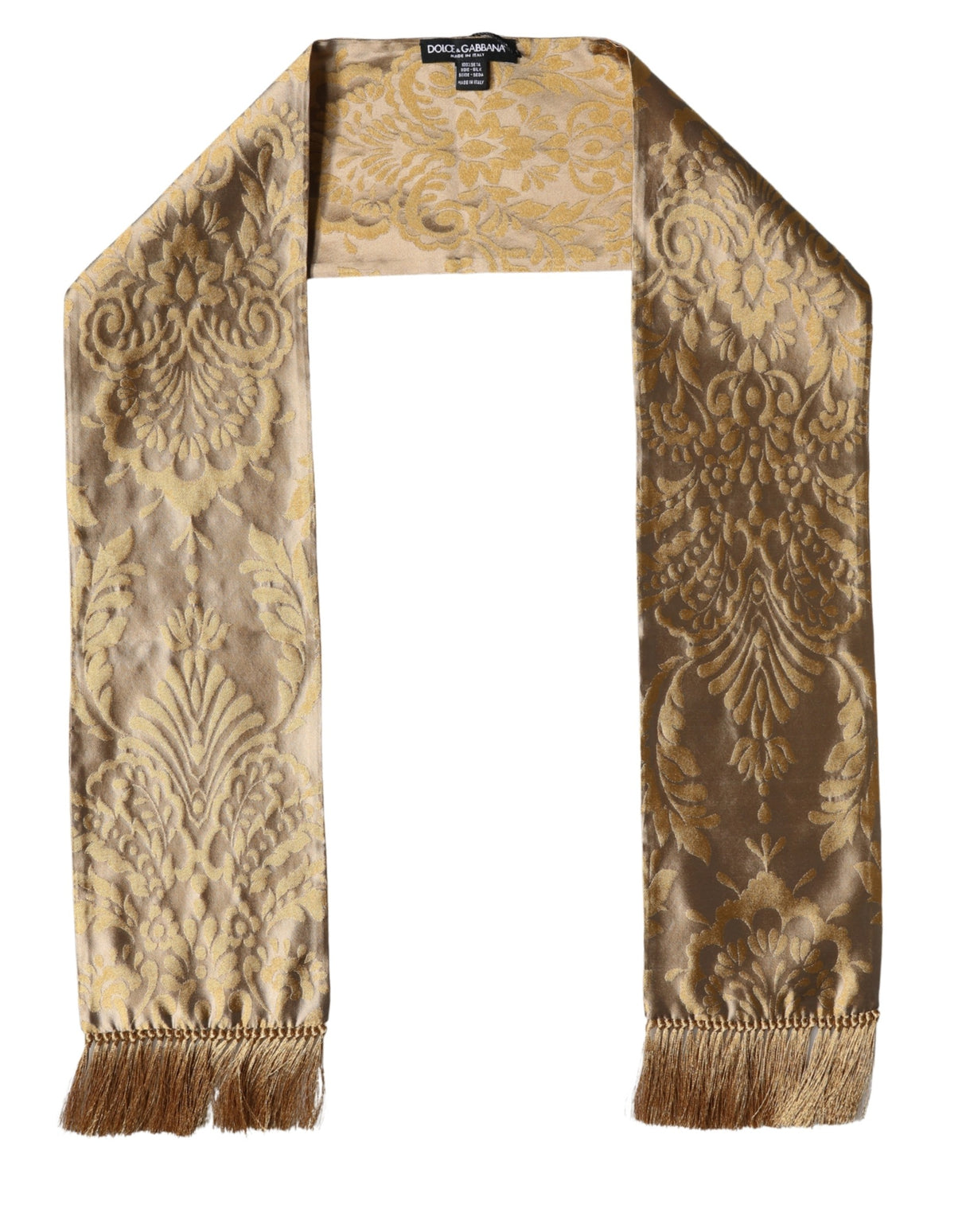 Dolce & Gabbana Gold Baroque Pattern Silk Blend Fringed 140cm X 15cm Scarf