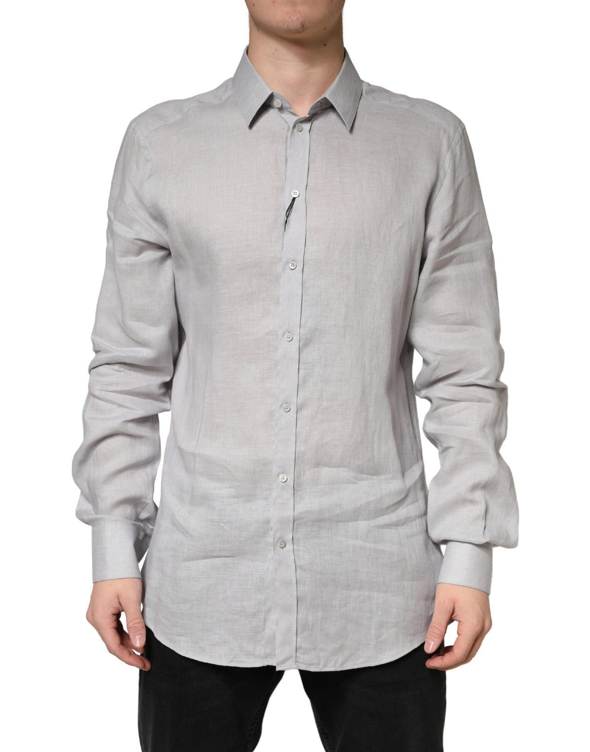 Dolce & Gabbana Gray GOLD Linen Long Sleeves Dress Men Shirt