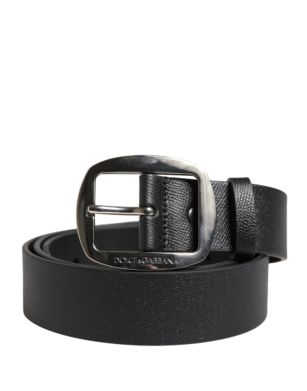 Dolce & Gabbana Black Calf Leather Silver Metal Buckle Belt