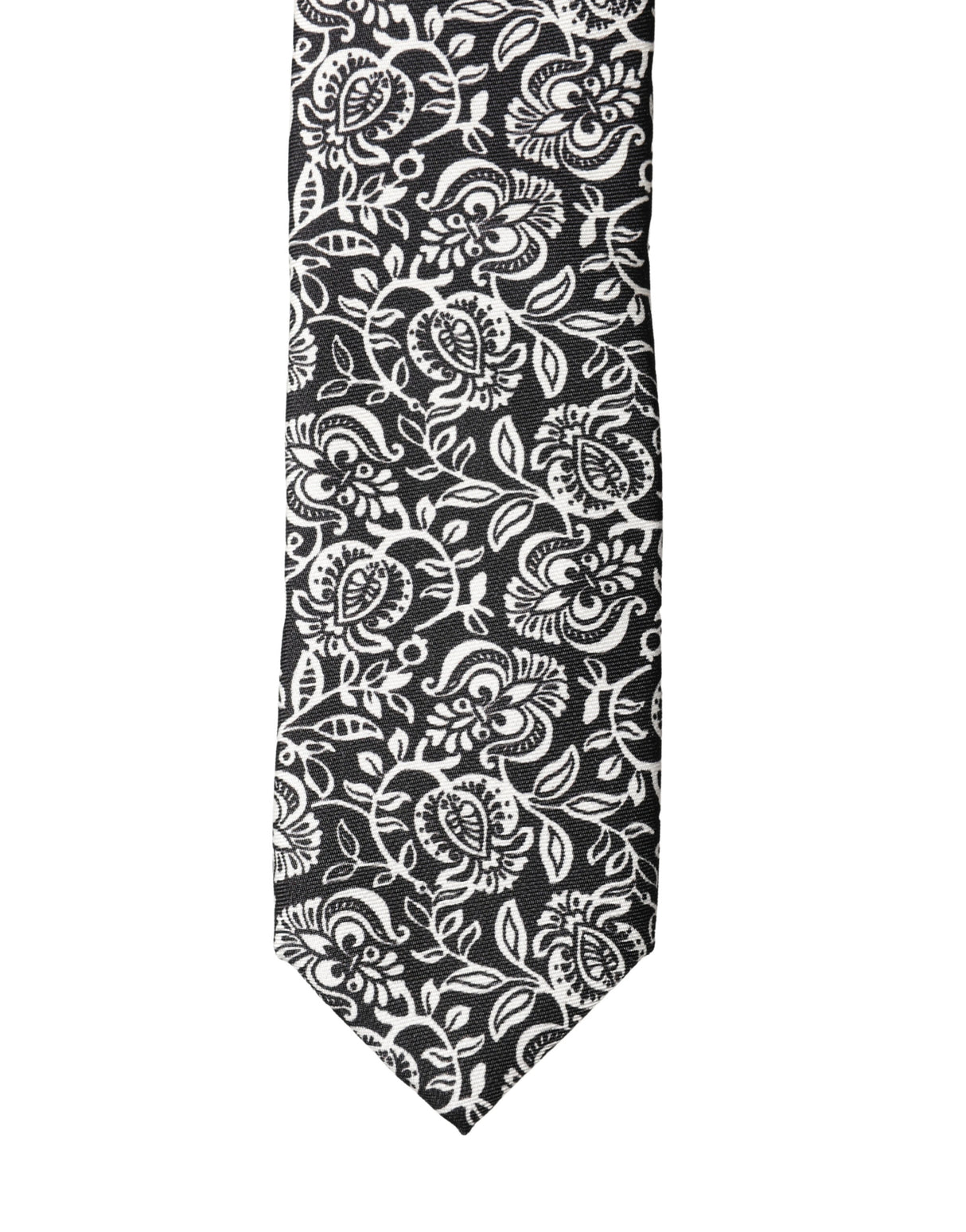 Dolce & Gabbana Black White Floral Fantasy Silk Adjustable Necktie Tie