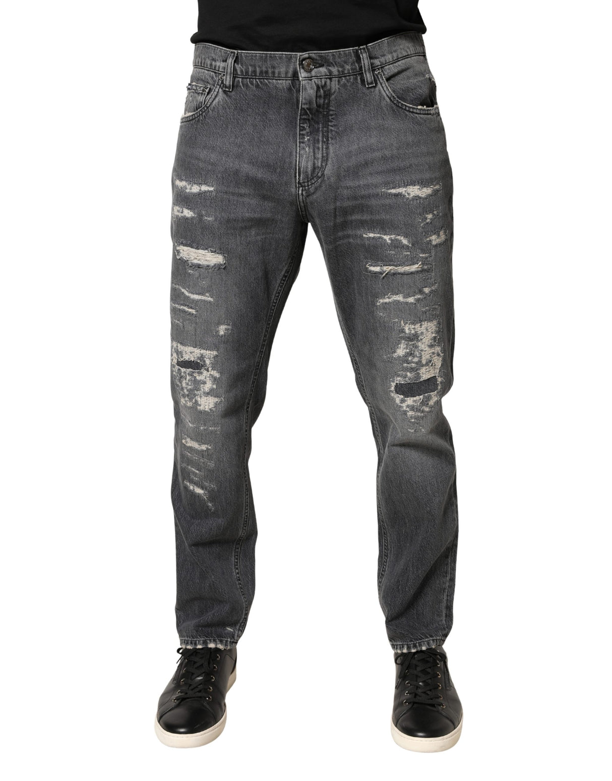 Dolce & Gabbana Dark Gray Tattered Cotton Loose Denim Jeans