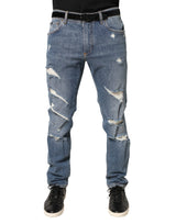 Dolce & Gabbana Blue Tattered Slim Fit Cotton Denim Jeans