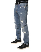 Dolce & Gabbana Blue Tattered Slim Fit Cotton Denim Jeans