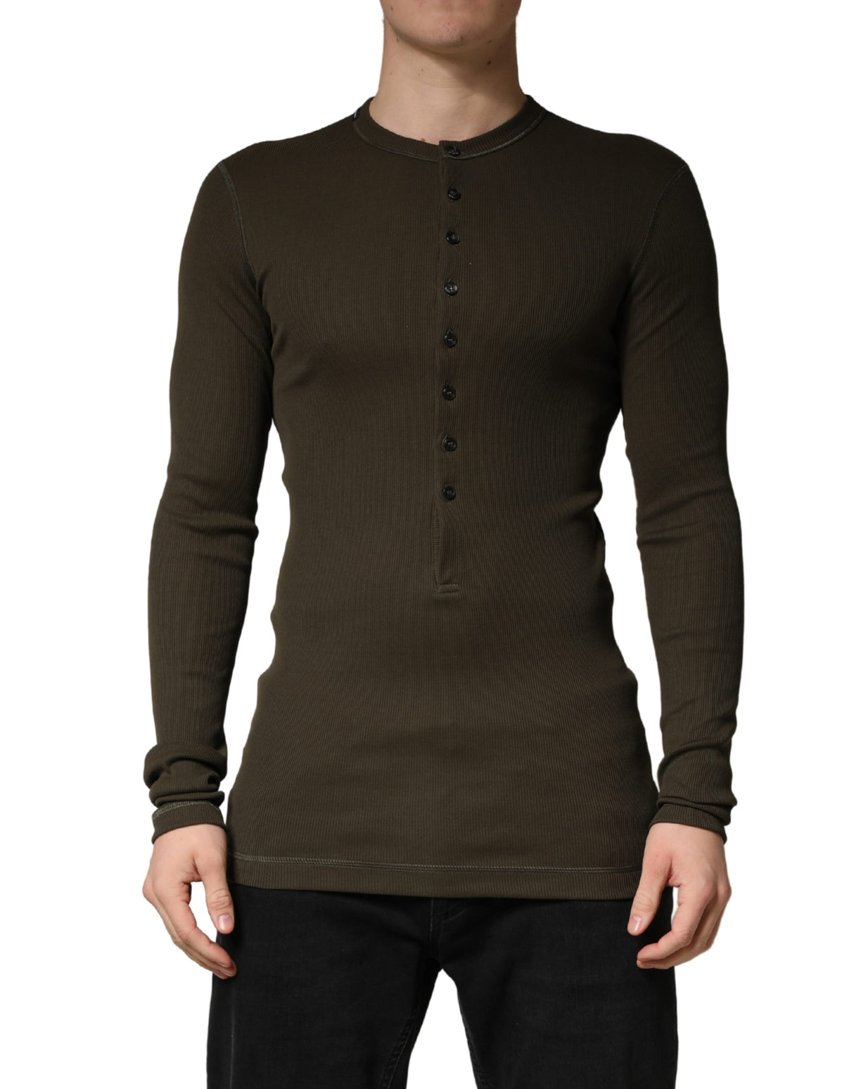 Dolce & Gabbana Brown Cotton Buttoned Henley Pullover Sweater