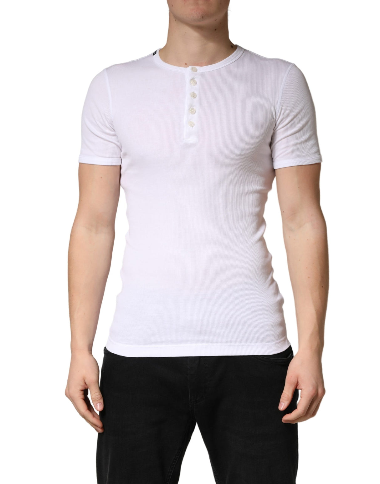 Dolce & Gabbana White Cotton Plain Henley Men Shirt T-shirt