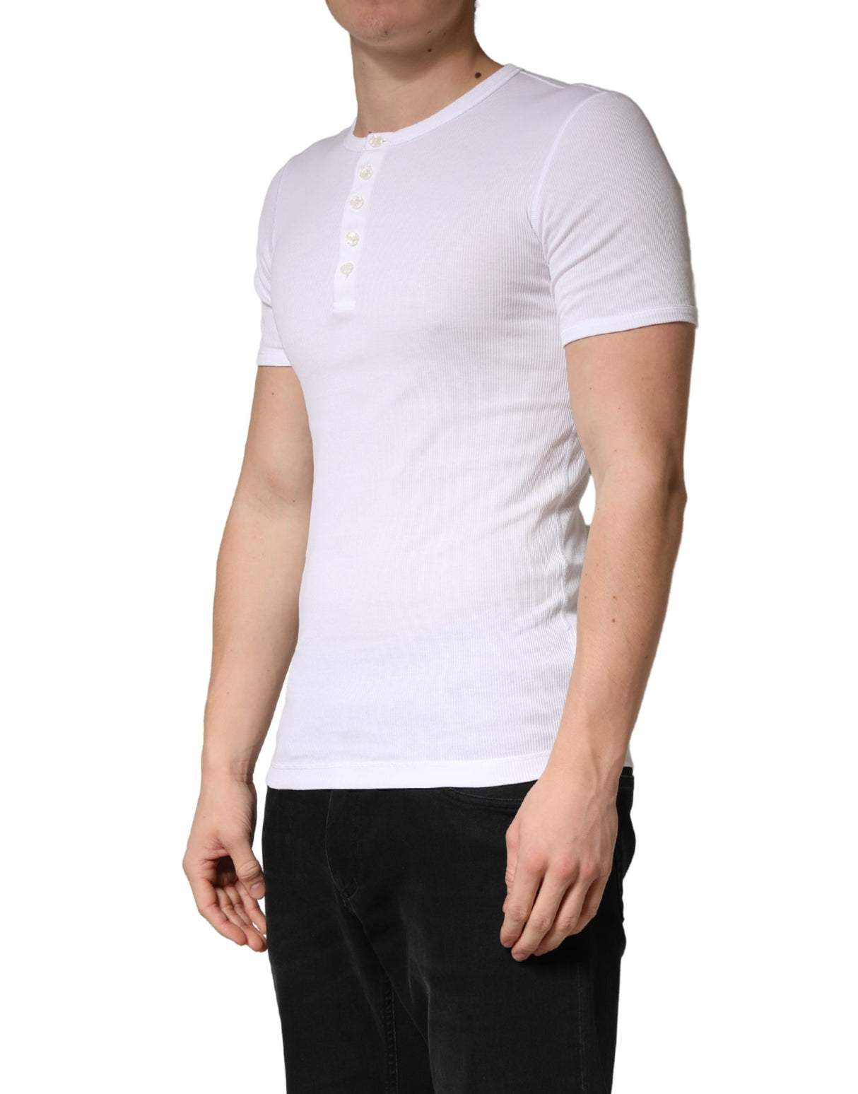 Dolce & Gabbana White Cotton Plain Henley Men Shirt T-shirt