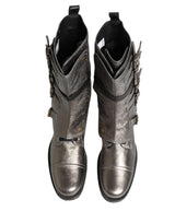 Dolce & Gabbana Metallic Silver Combat Biker Mid Calf Boots Shoes