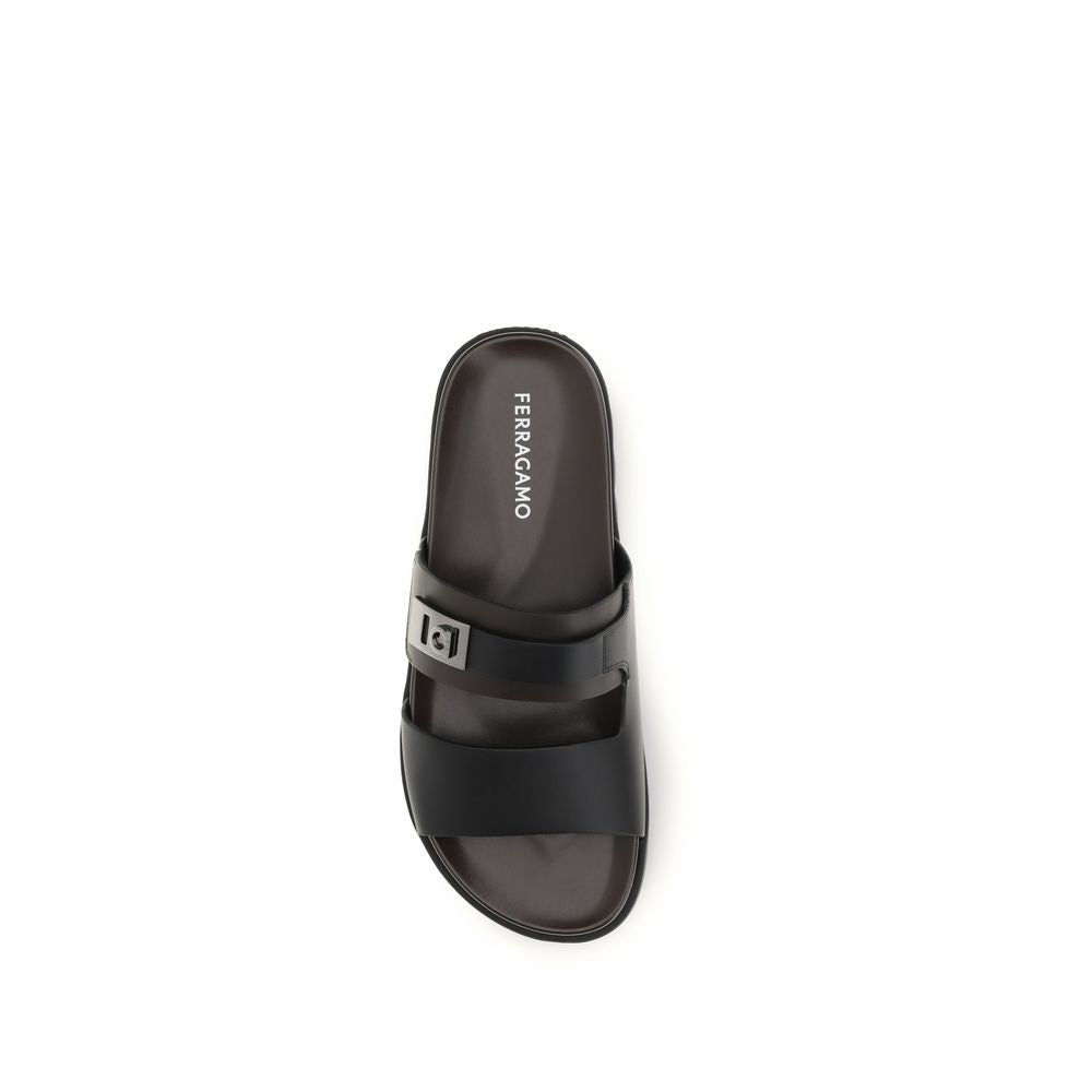 Ferragamo Black Calf Leather Bos Taurus Strap-On Sandals