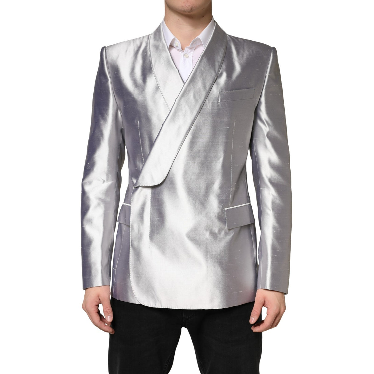 Dolce & Gabbana Silver SICILIA Silk Double Breasted Blazer