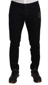 Dolce & Gabbana Heraldic Embroidered Slim Fit Black Jeans