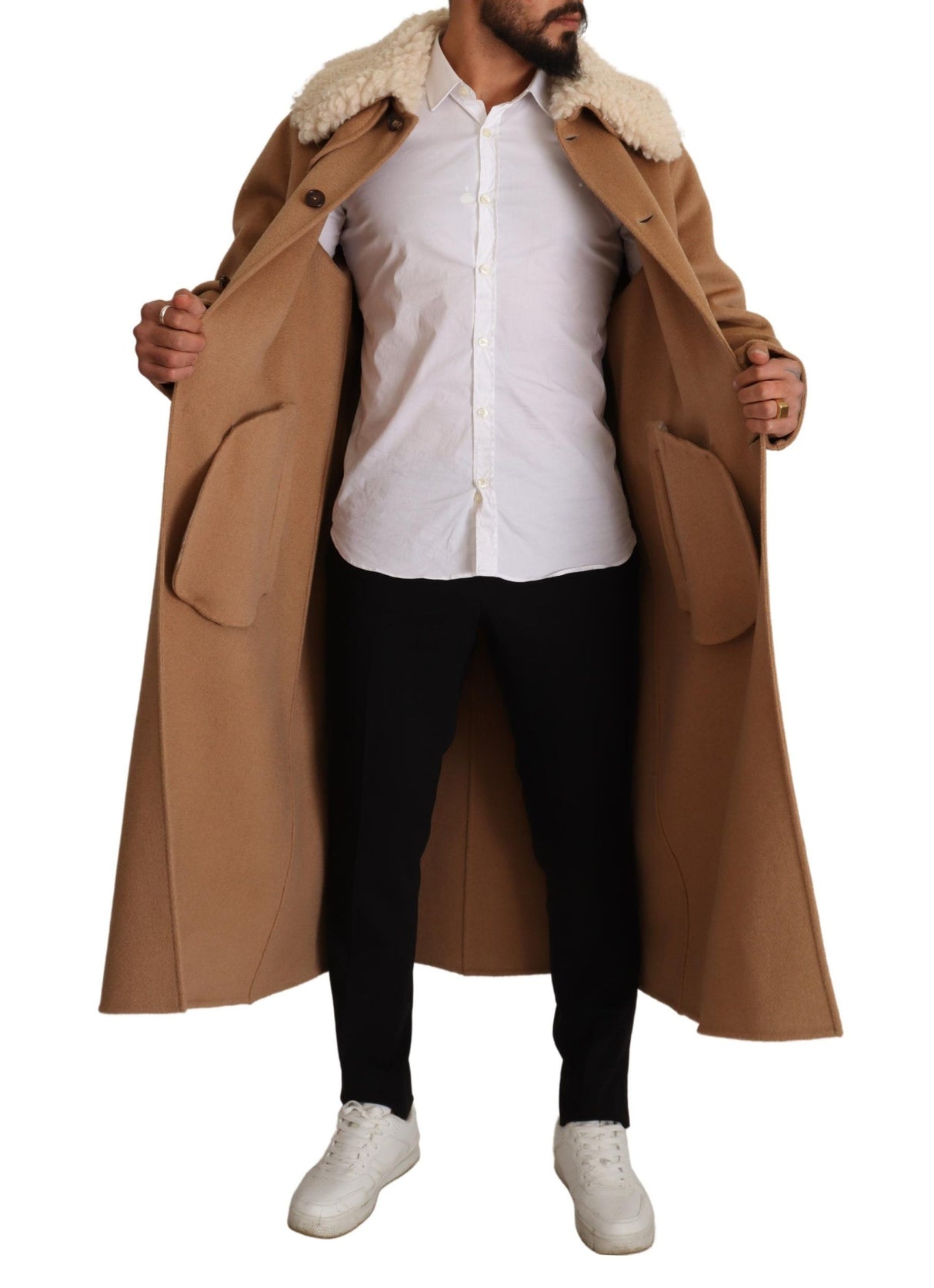 Dolce & Gabbana Opulent Beige Shearling-Collar Overcoat