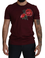 Dolce & Gabbana Elegant Bordeaux Roses Motif Crewneck Tee